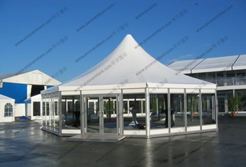 Hexagonal Pagoda High Peak Frame Tent 4m x 4m With Glass Sidewalls Luxury Lining